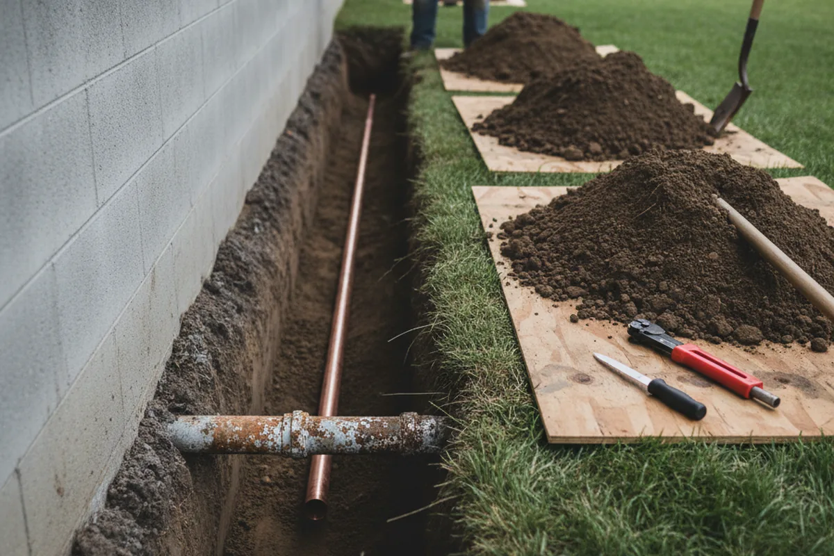 Excavated water line trench during Sewer Line Repair in West Hatfield